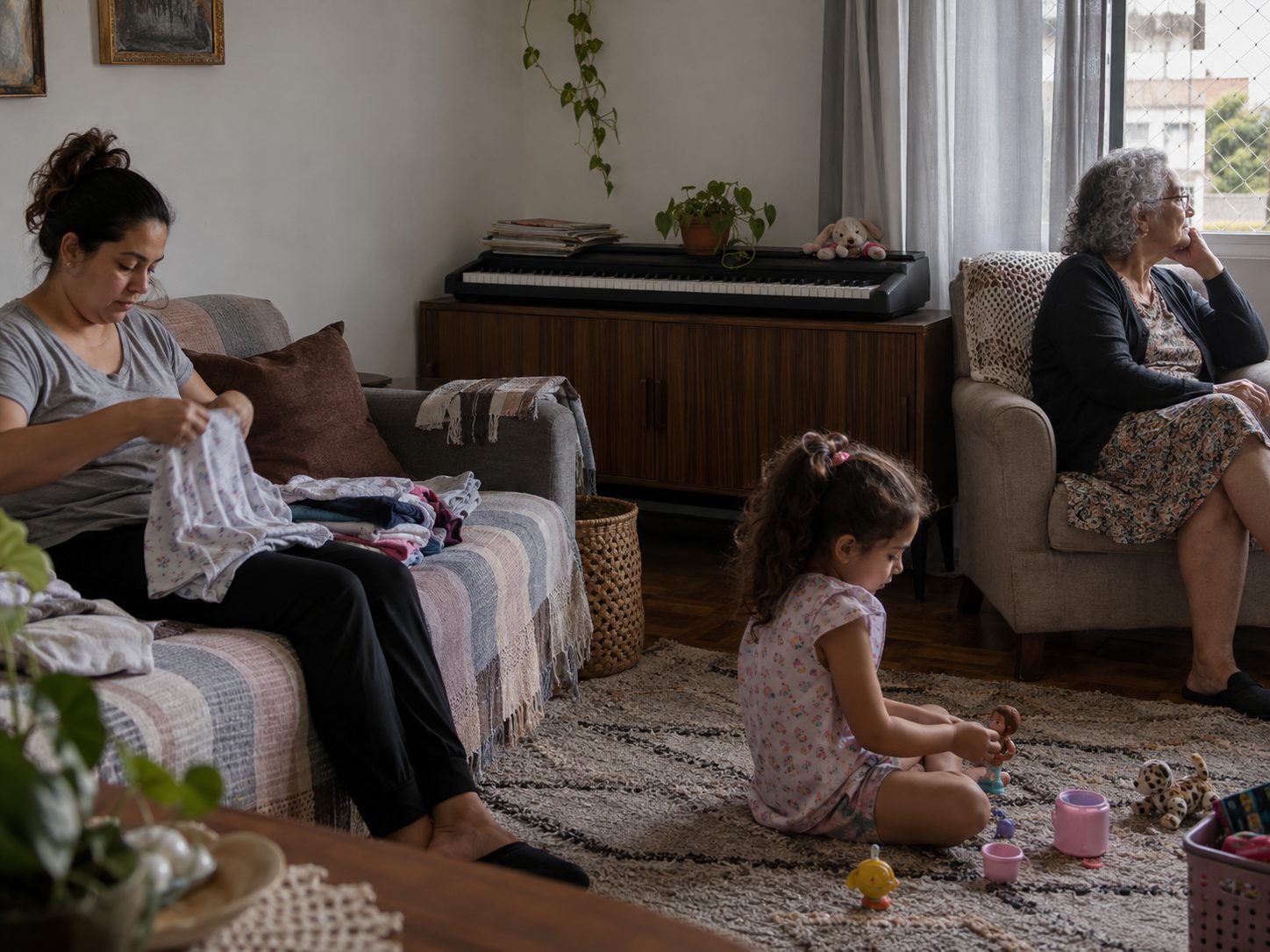 Sala de estar com o teclado esquecido num canto, cada pessoa da família no seu canto