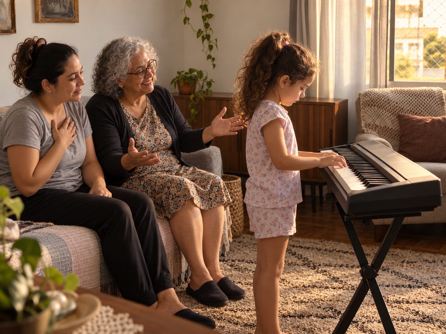 A mesma sala, a menina tocando o teclado e a mãe e a avó olhando para ela